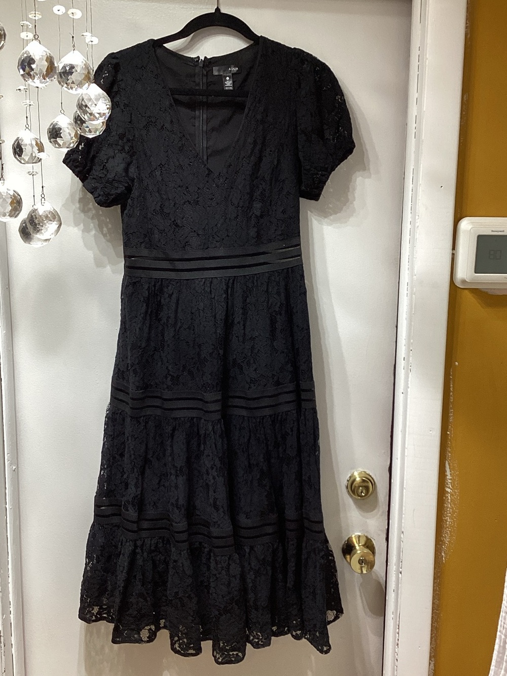Aqua Black Lace Midi Dress with Puff Sleeves